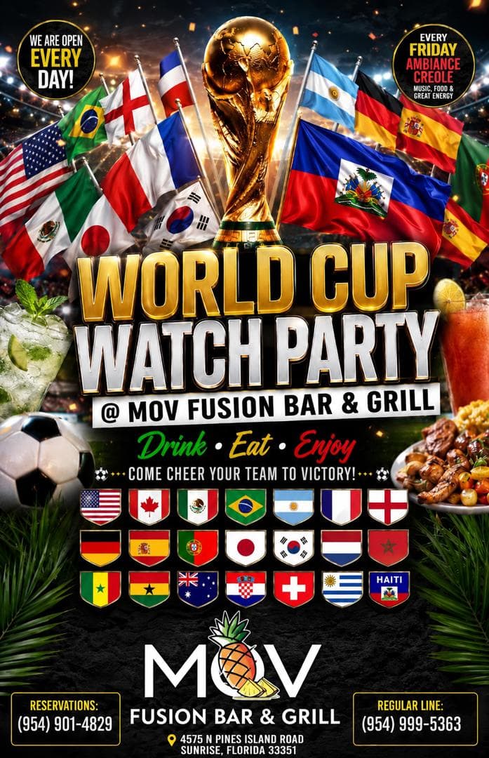 World Cup Watch Party at MOV Fusion Bar & Grill in Sunrise, Florida — FIFA World Cup 2026 on big screens with cocktails, food, and international flags
